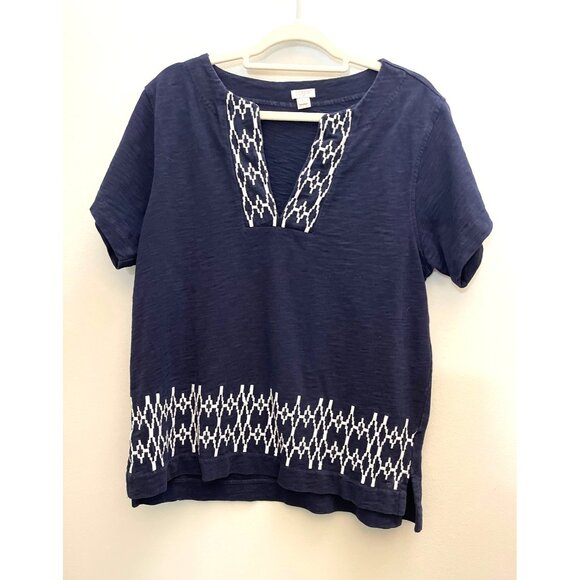 J.Crew Navy Short-Sleeve Embroidered Cotton Top L - Picture 1 of 5